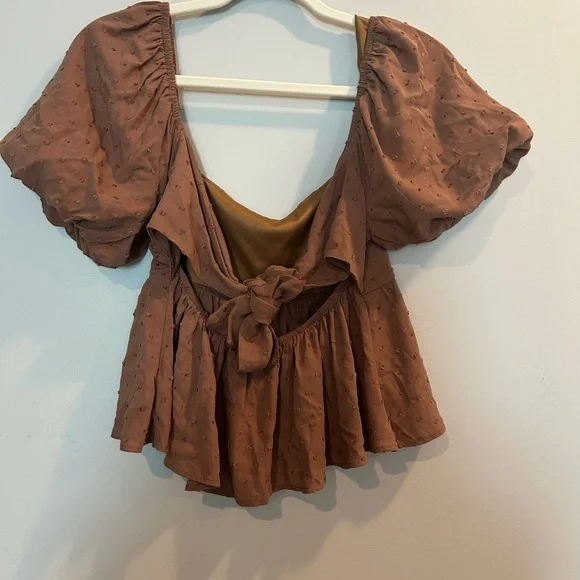 Altar'd State Brown Peplum Puff Sleeve Top - Picture 3 of 5